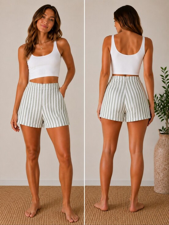 L'Academie Los Angeles Pants - L'Academie Los Angeles Shorts Green White Striped High‎ Waisted Vaca Size M